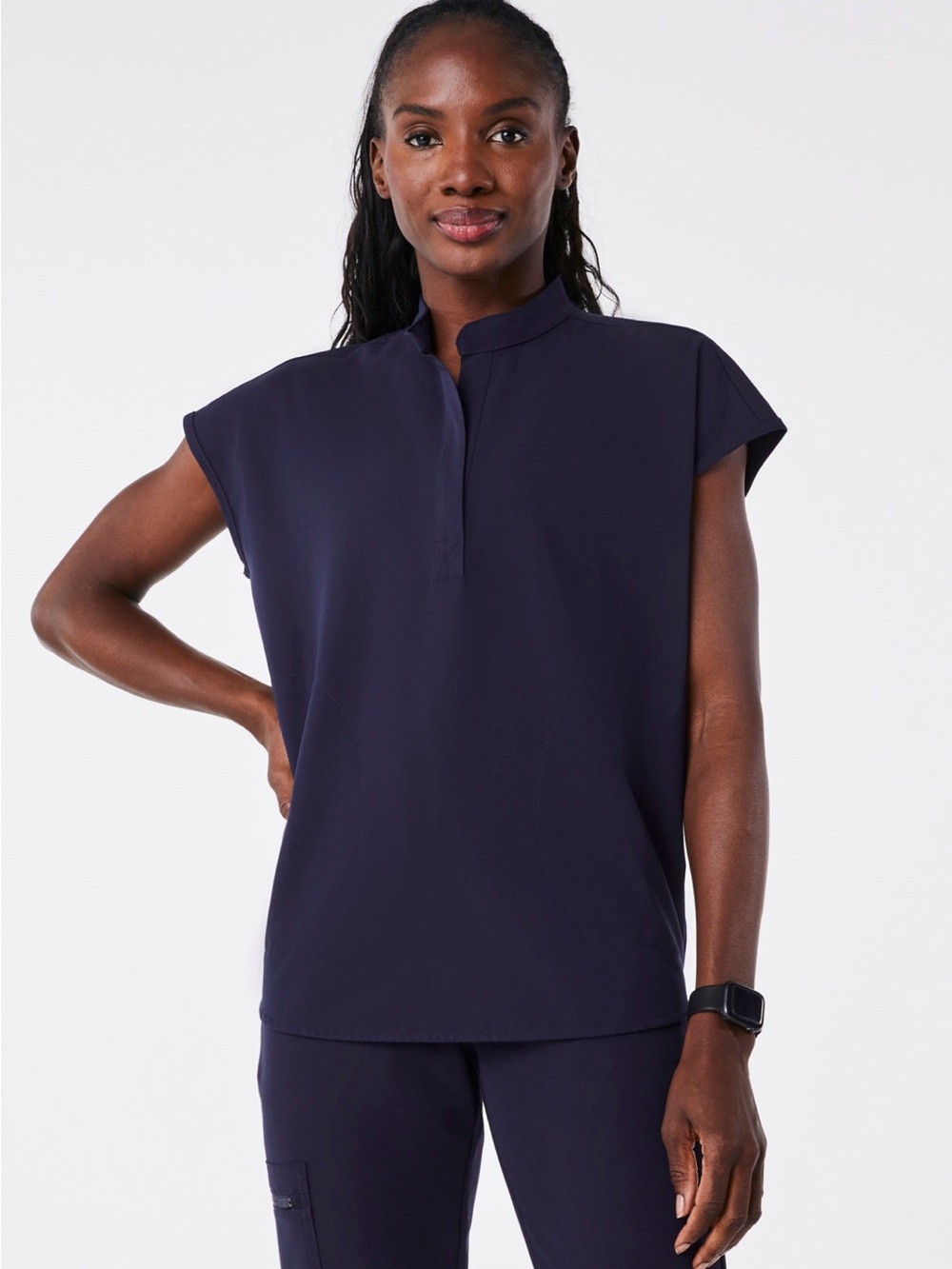 Figs Navy Mandarin-Collar Cap Sleeve Tunic